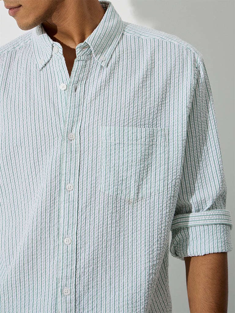WES Casuals Green Striped Relaxed-Fit Cotton Shirt