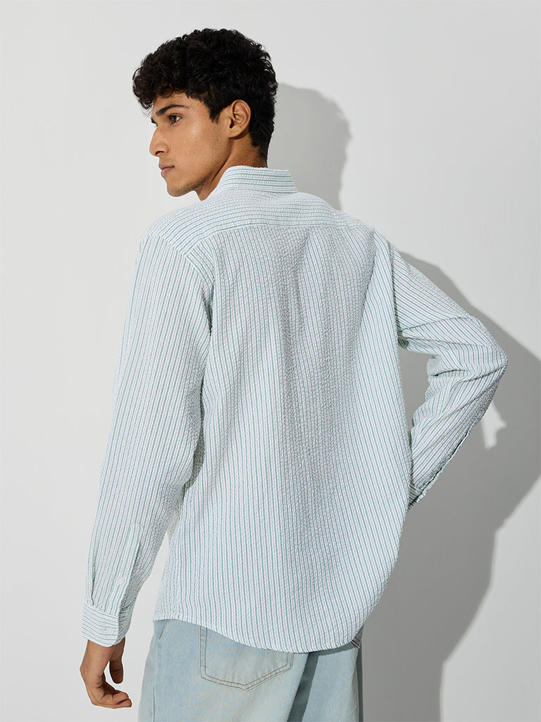 WES Casuals Green Striped Relaxed-Fit Cotton Shirt