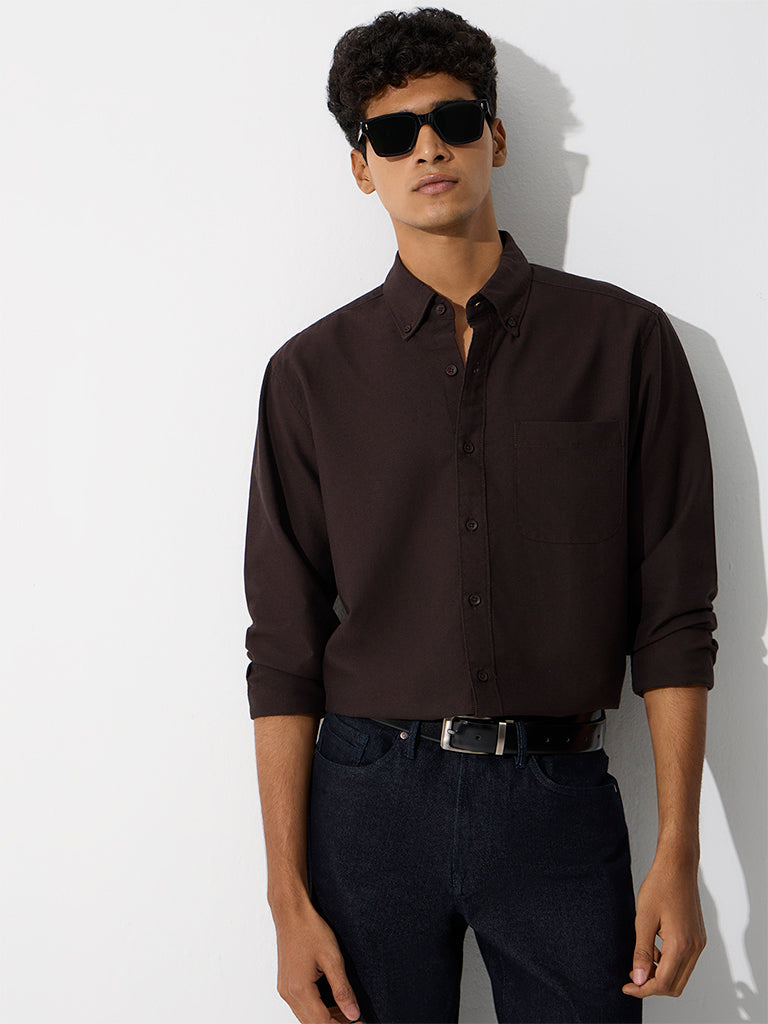 WES Casuals Dark Brown Relaxed-Fit Cotton Shirt