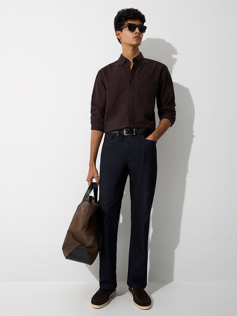 WES Casuals Dark Brown Relaxed-Fit Cotton Shirt