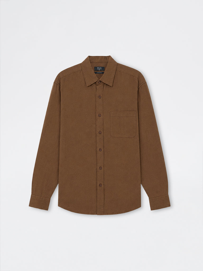 WES Casuals Brown Solid Relaxed-Fit Cotton-Blend Shirt