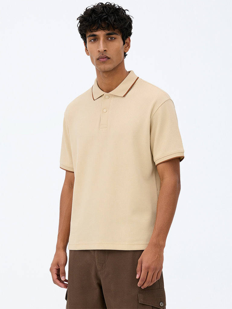 WES Casuals Beige Cotton-Blend Polo T-Shirt