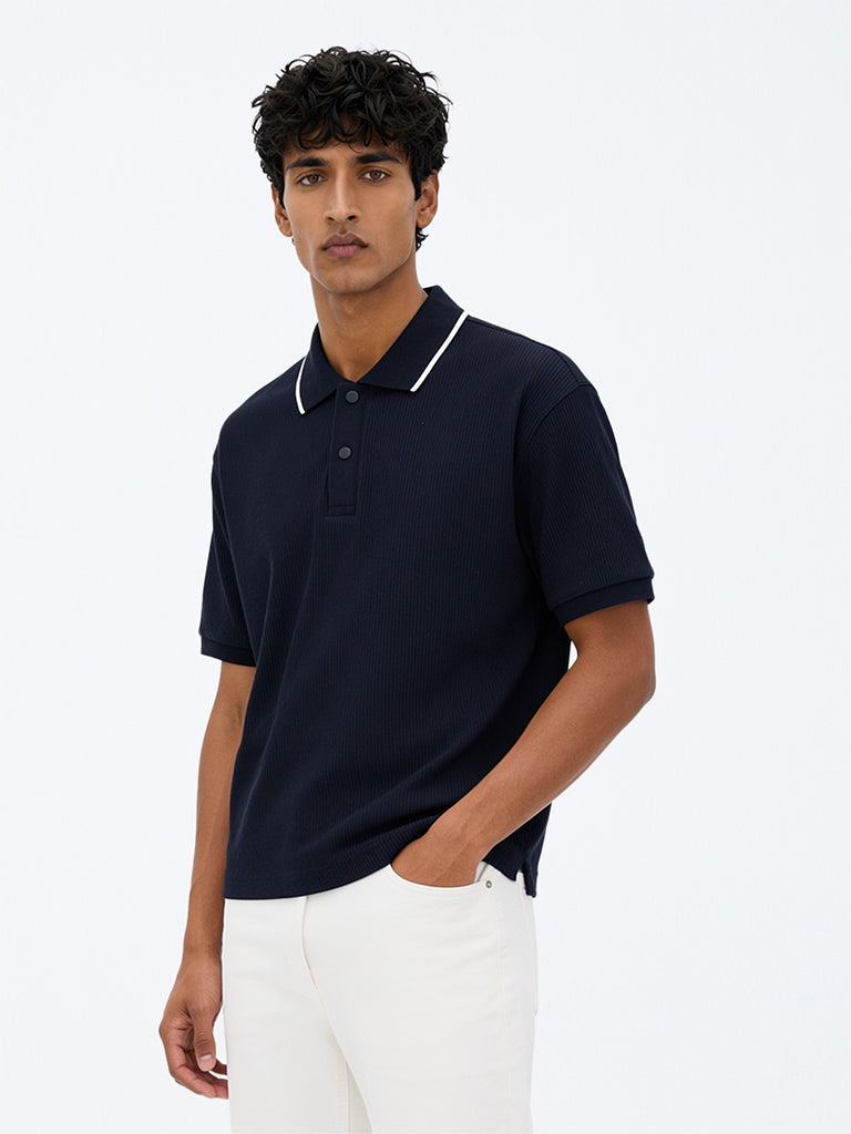 WES Casuals Navy Relaxed-Fit Cotton-Blend Polo T-Shirt