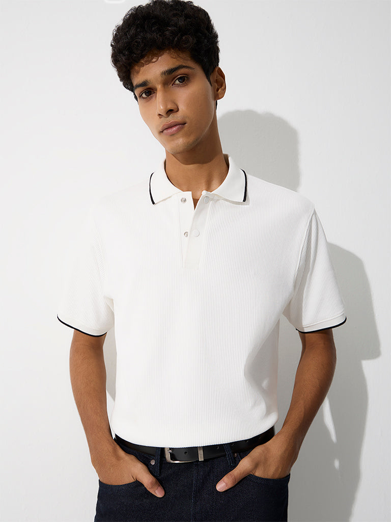 WES Casuals White Ribbed Relaxed-Fit Polo T-Shirt