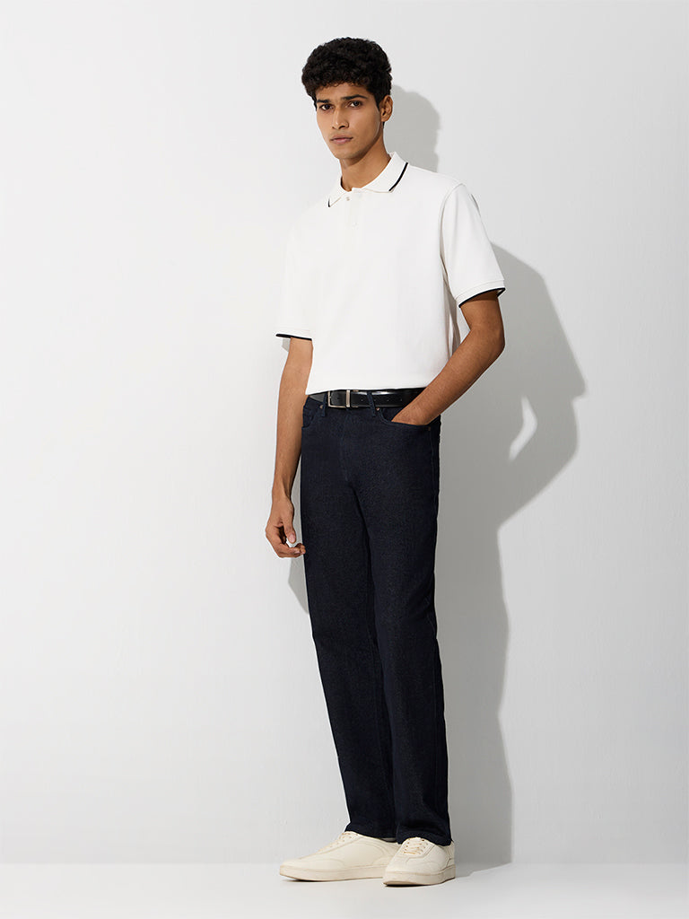 WES Casuals White Ribbed Relaxed-Fit Polo T-Shirt