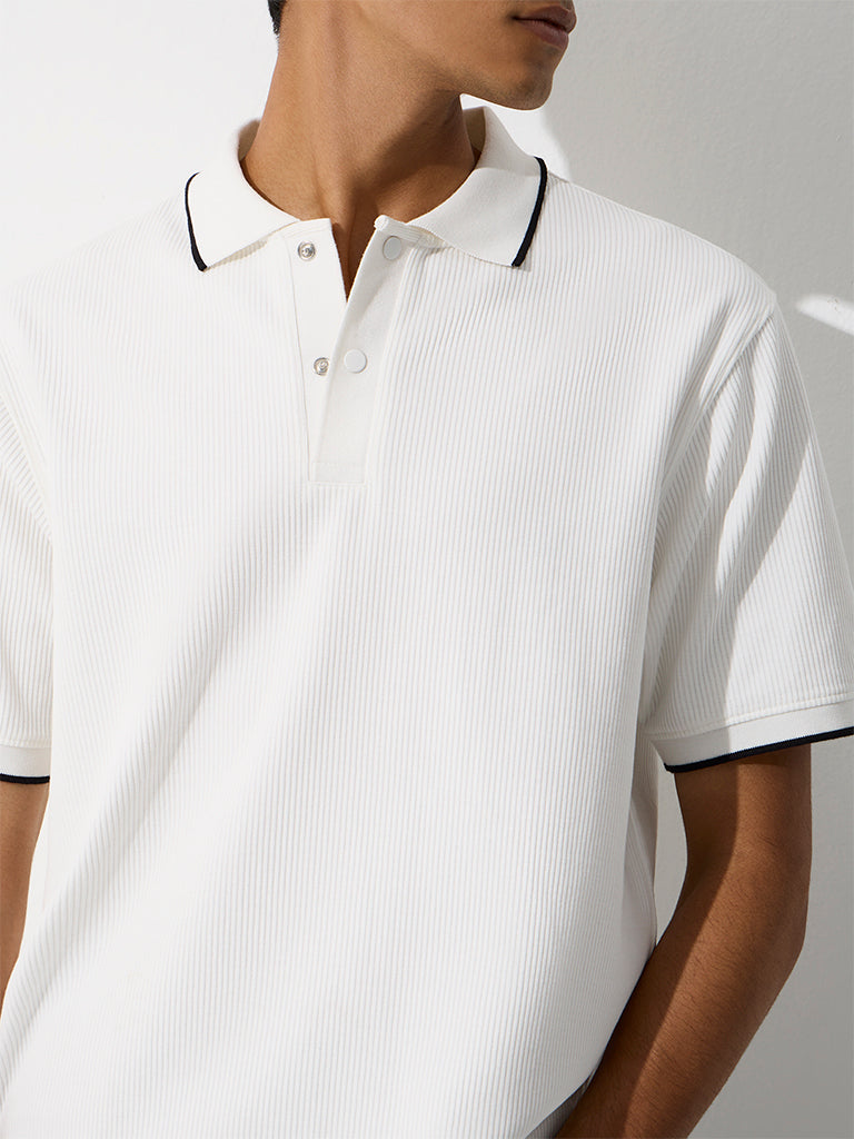 WES Casuals White Ribbed Relaxed-Fit Polo T-Shirt