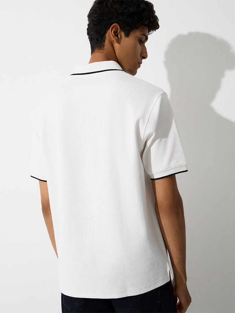 WES Casuals White Ribbed Relaxed-Fit Polo T-Shirt