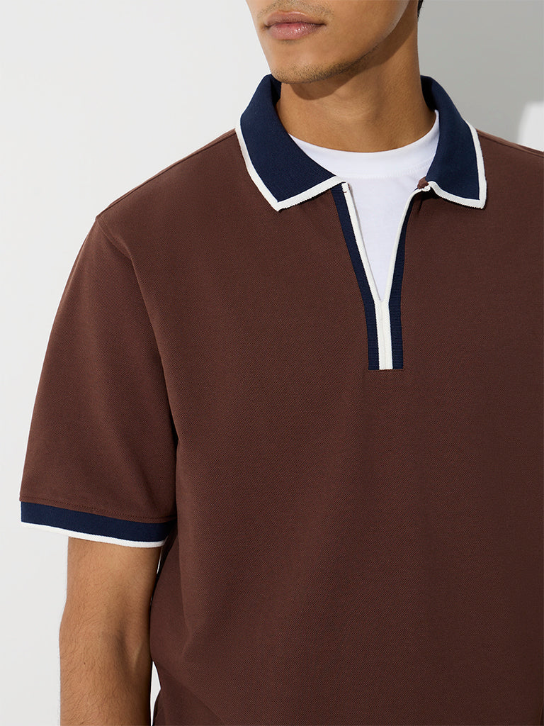 WES Casuals Brown Relaxed-Fit Cotton-Blend Polo T-Shirt