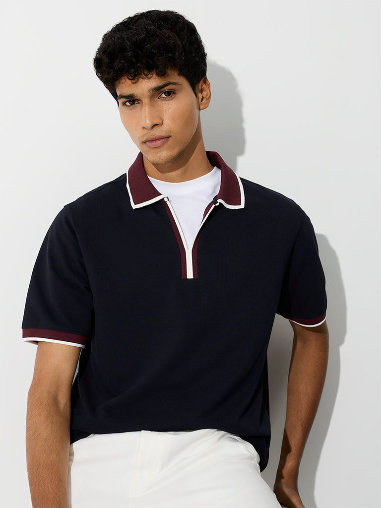 WES Casuals Navy Relaxed-Fit Cotton-Blend Polo T-Shirt
