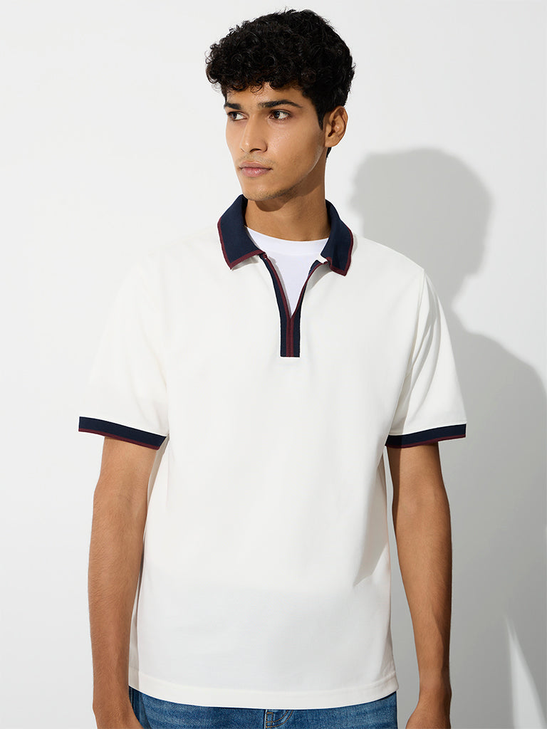 WES Casuals White Relaxed-Fit Cotton-Blend Polo T-Shirt