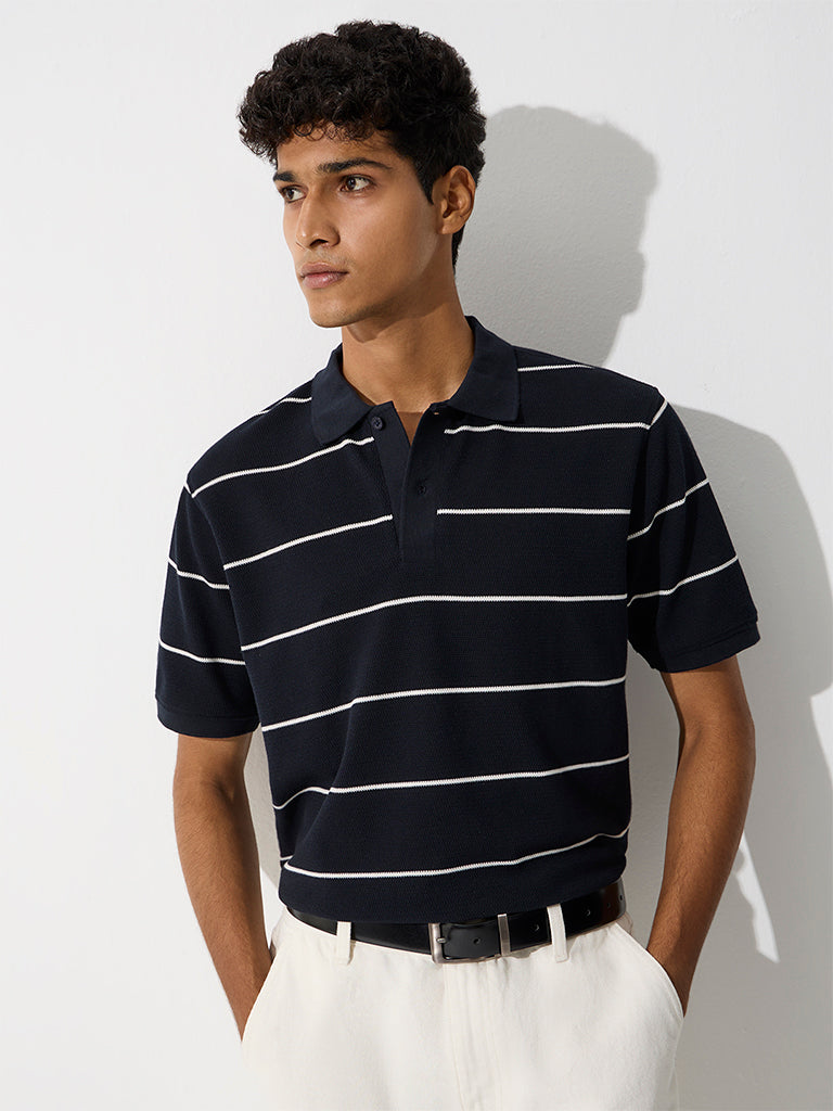 WES Casuals Navy Relaxed-Fit Cotton-Blend Polo T-Shirt