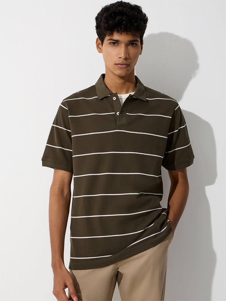 WES Casuals Olive Relaxed-Fit Cotton-Blend Polo T-Shirt