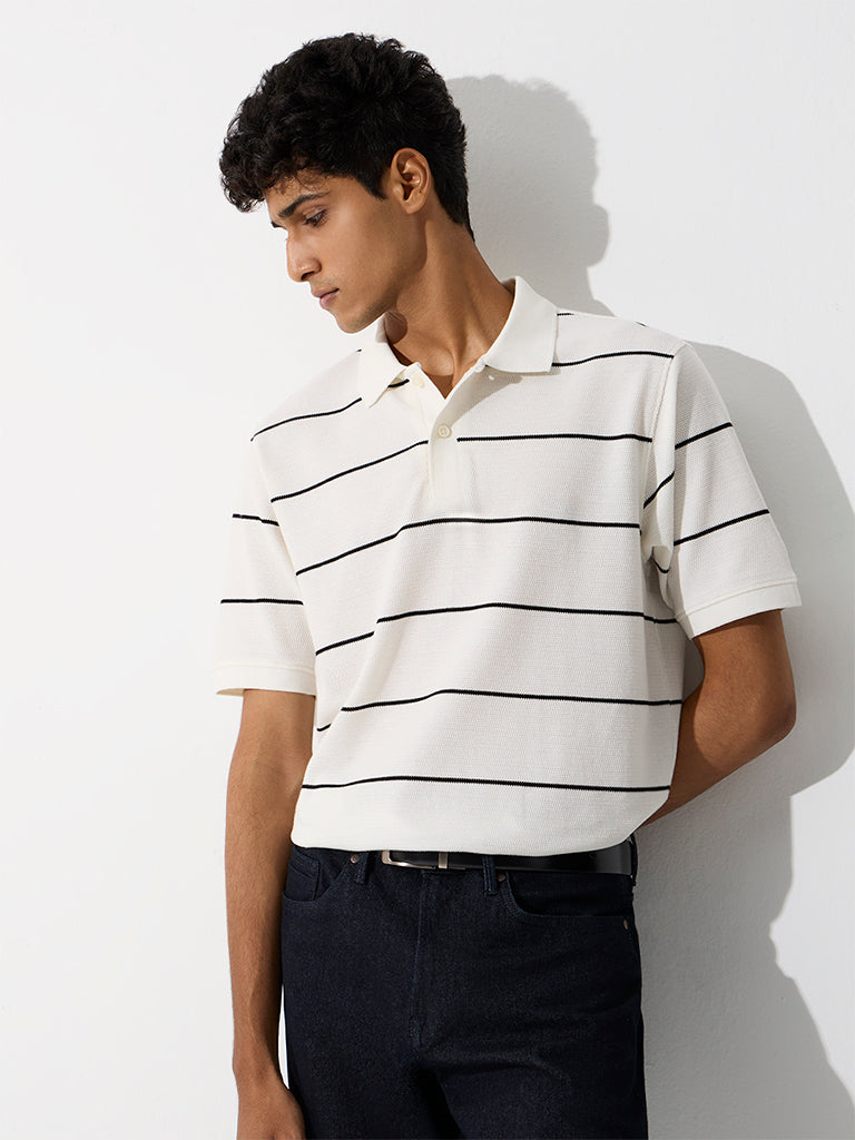 WES Casuals White Striped Relaxed-Fit Cotton Polo T-Shirt