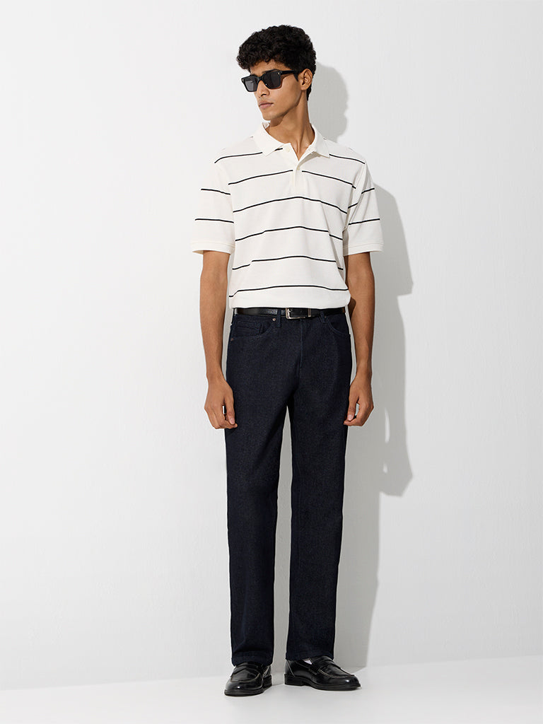 WES Casuals White Striped Relaxed-Fit Cotton Polo T-Shirt