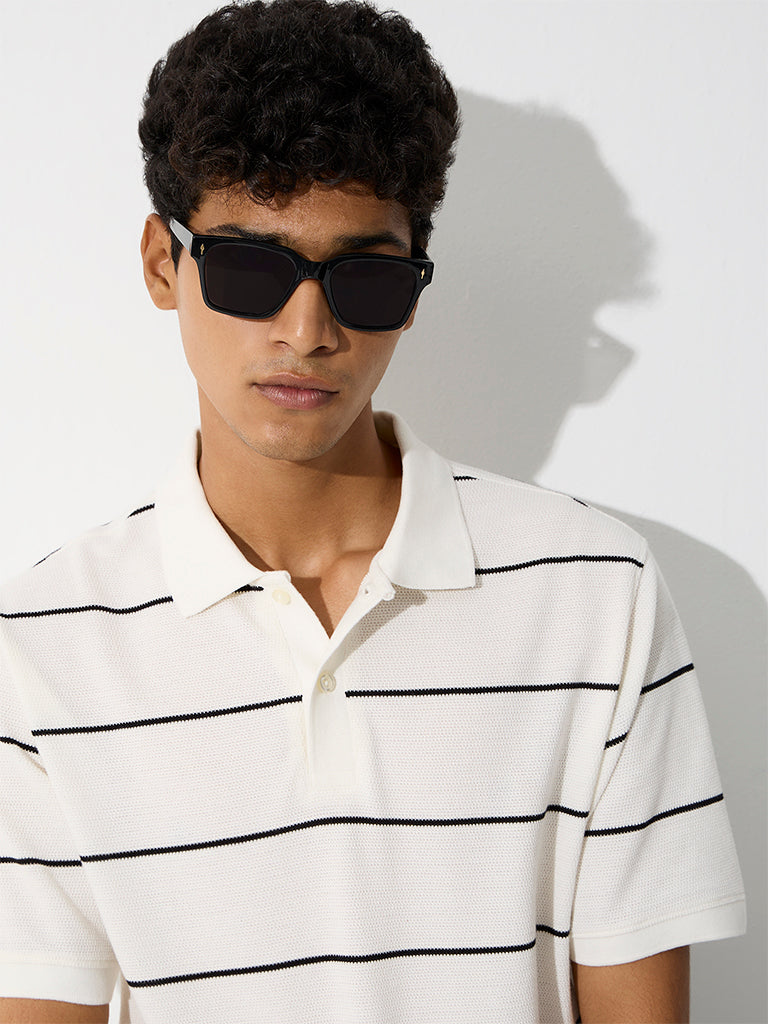 WES Casuals White Striped Relaxed-Fit Cotton Polo T-Shirt