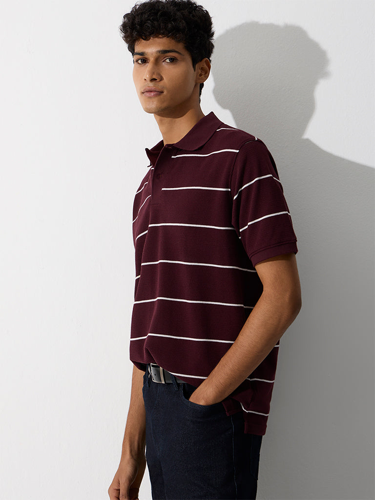 WES Casuals Wine Relaxed-Fit Cotton-Blend Polo T-Shirt