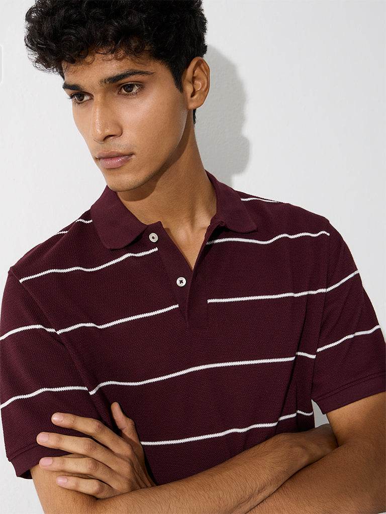 WES Casuals Wine Relaxed-Fit Cotton-Blend Polo T-Shirt