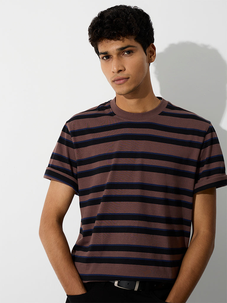 WES Casuals Brown Striped Relaxed-Fit Cotton T-Shirt