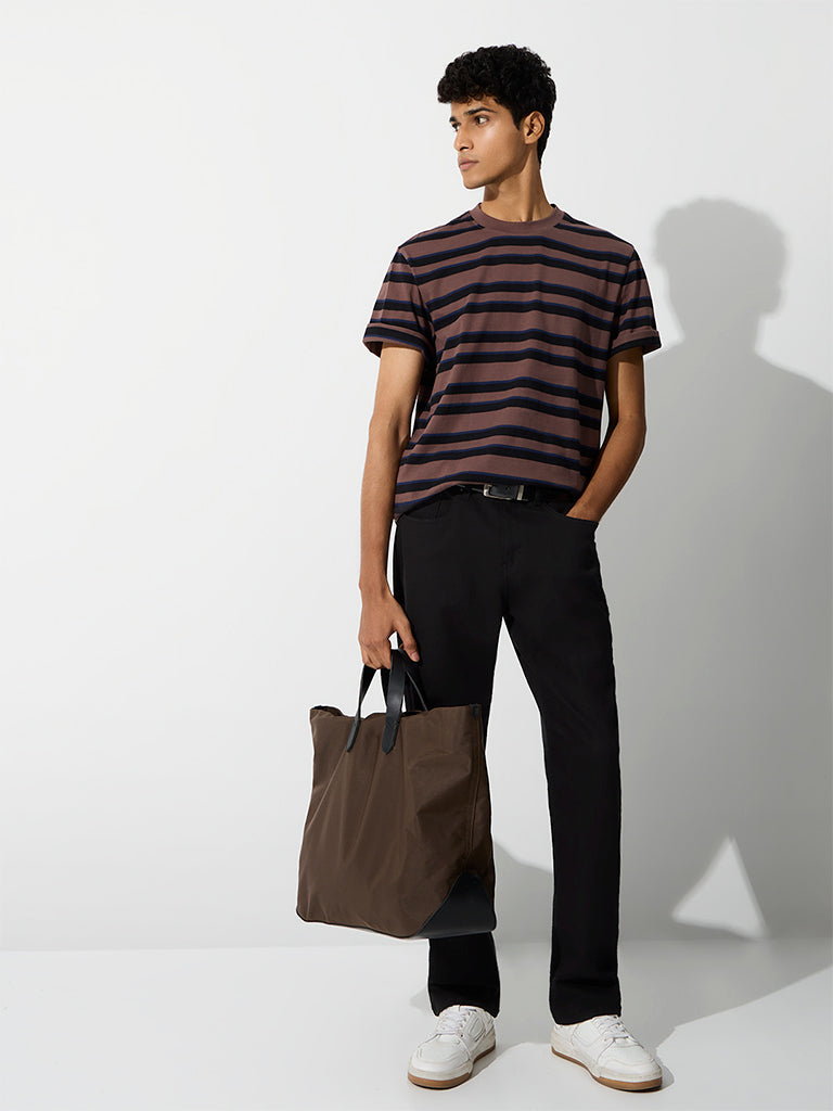 WES Casuals Brown Striped Relaxed-Fit Cotton T-Shirt