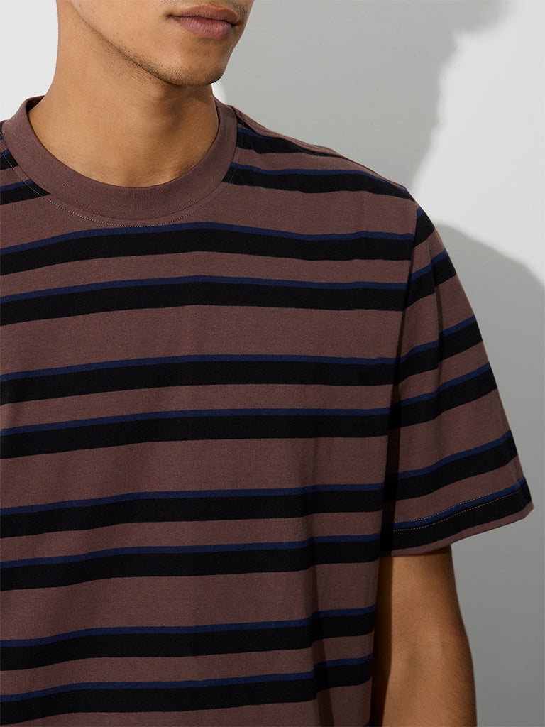 WES Casuals Brown Striped Relaxed-Fit Cotton T-Shirt