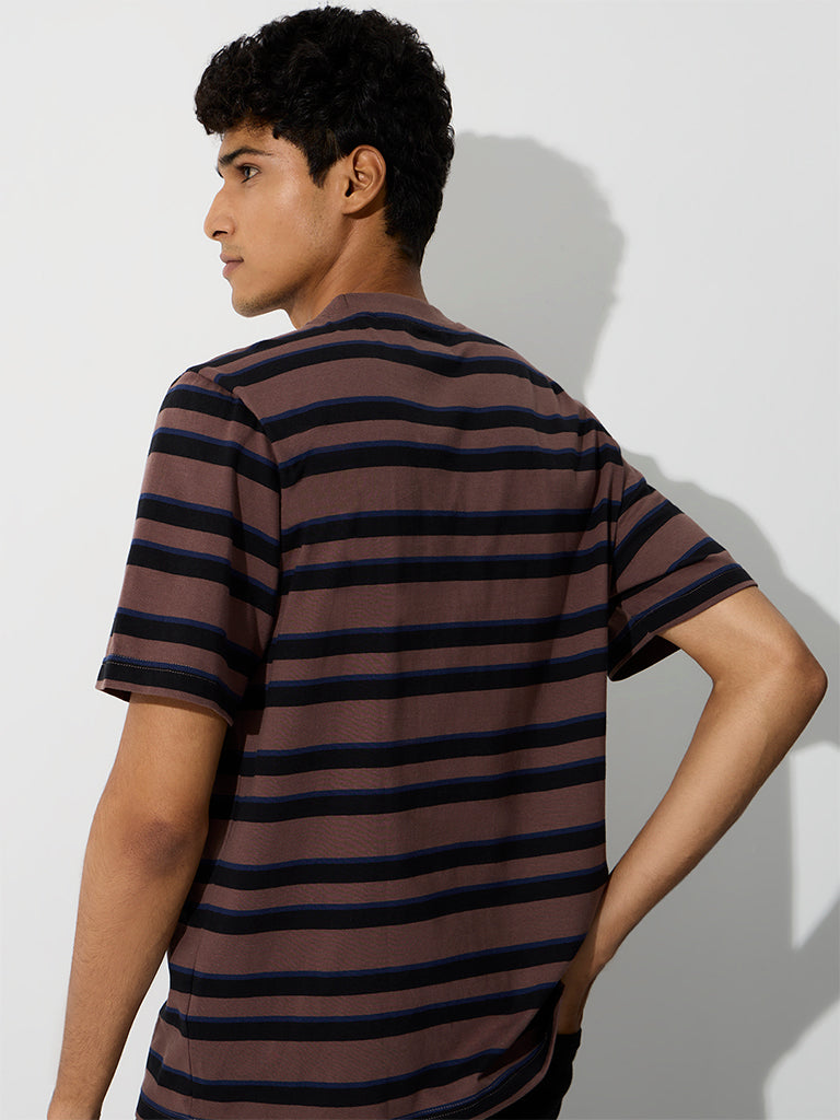 WES Casuals Brown Striped Relaxed-Fit Cotton T-Shirt