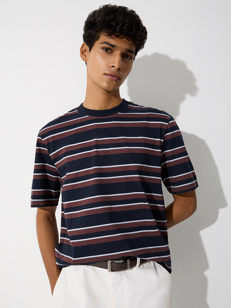 WES Casuals Navy Striped Relaxed-Fit Cotton T-Shirt