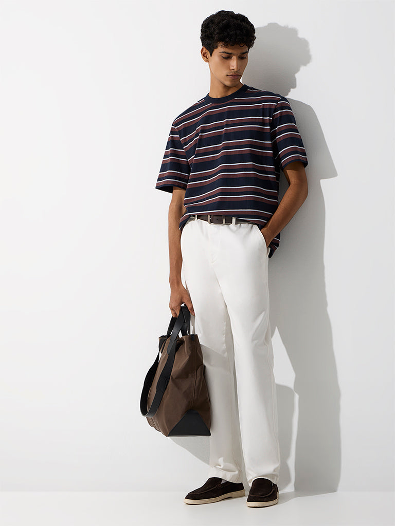 WES Casuals Navy Striped Relaxed-Fit Cotton T-Shirt
