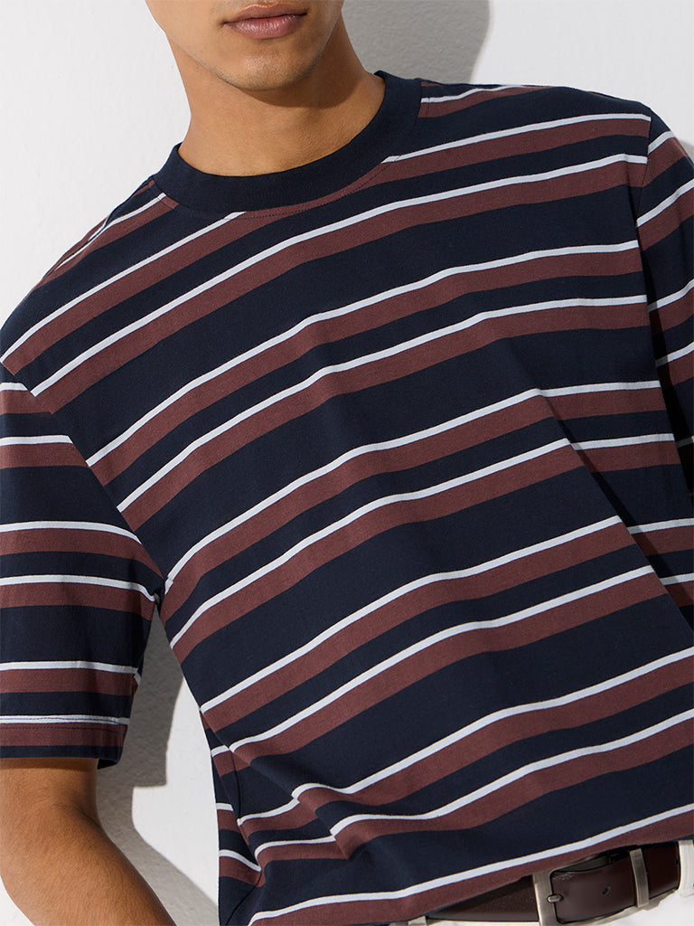 WES Casuals Navy Striped Relaxed-Fit Cotton T-Shirt