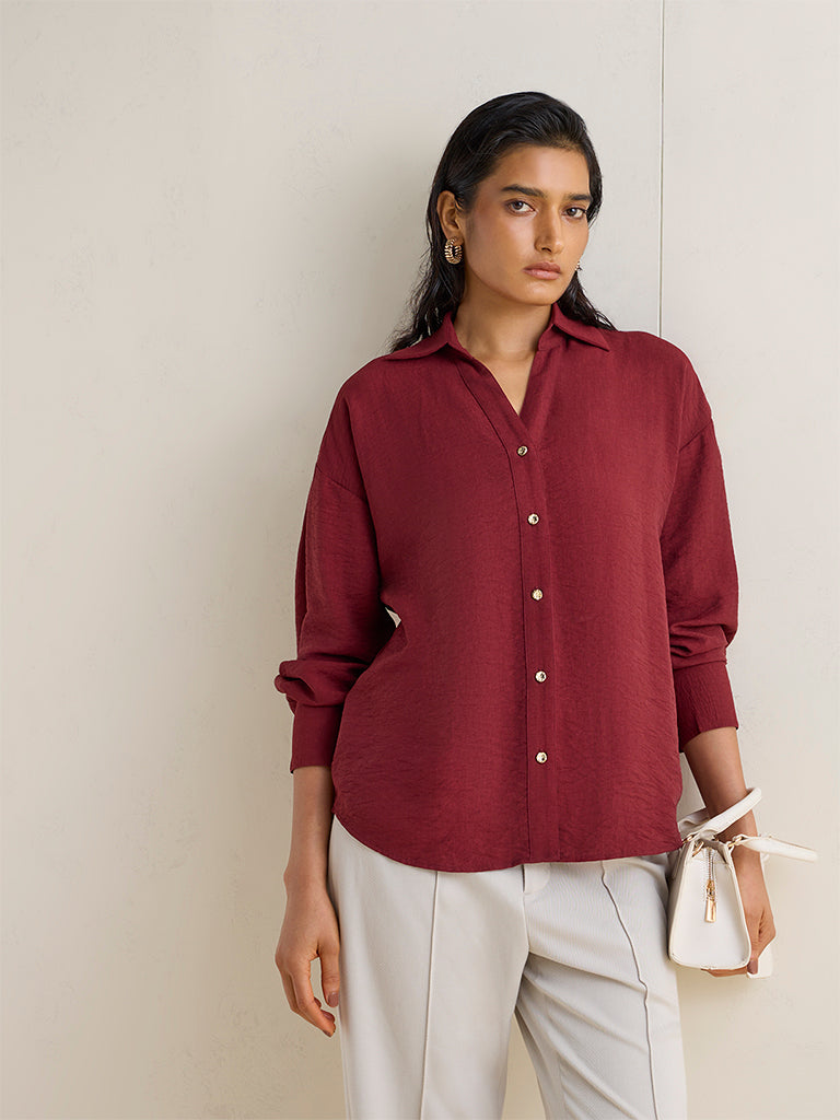 Wardrobe Maroon Self-Textured Cotton Blouse