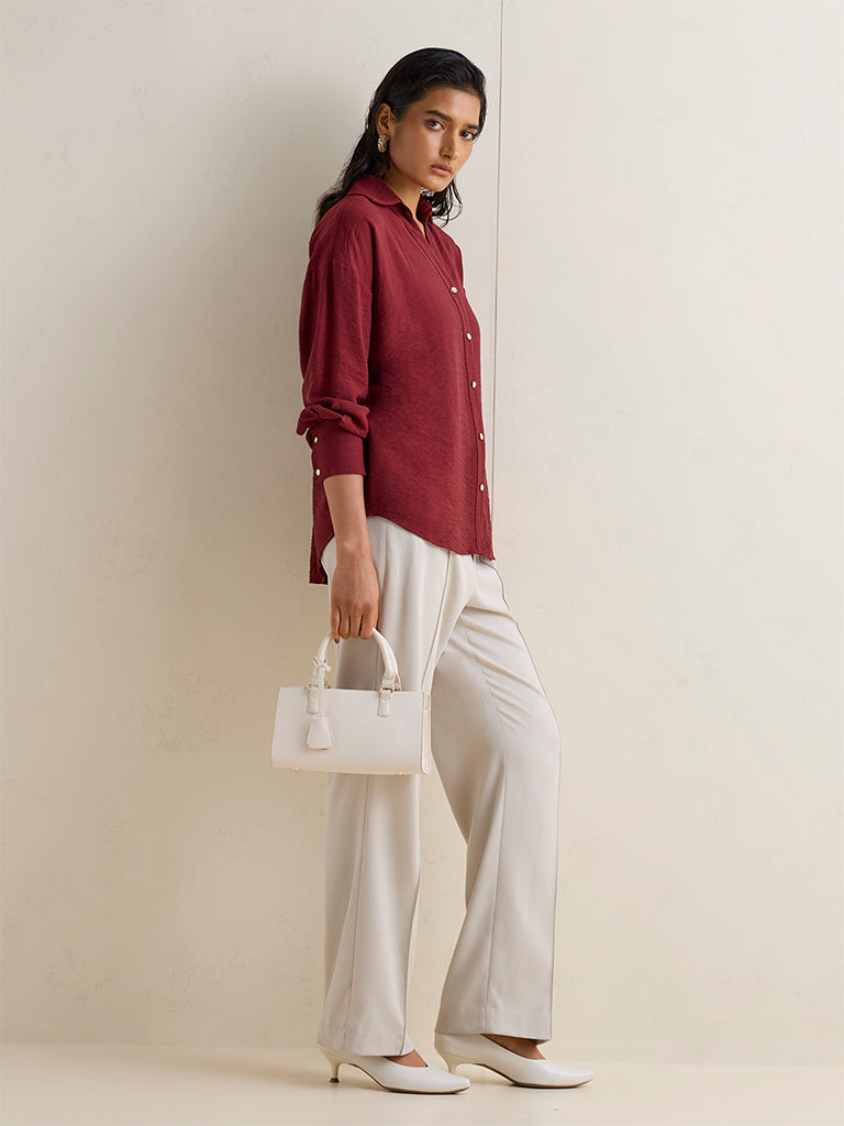 Wardrobe Maroon Self-Textured Cotton Blouse