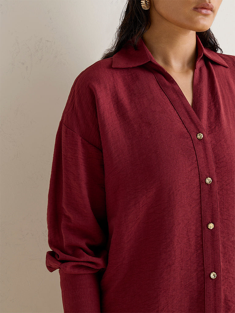 Wardrobe Maroon Self-Textured Cotton Blouse
