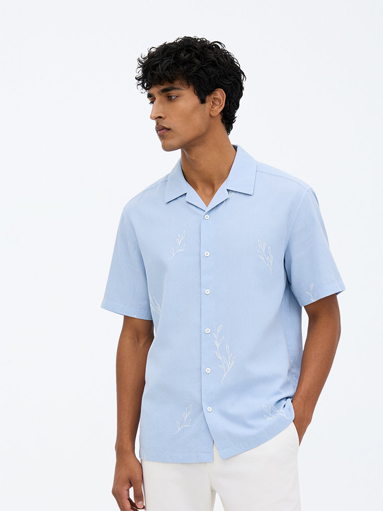 Ascot Light Blue Botanical Printed Relaxed-Fit Shirt