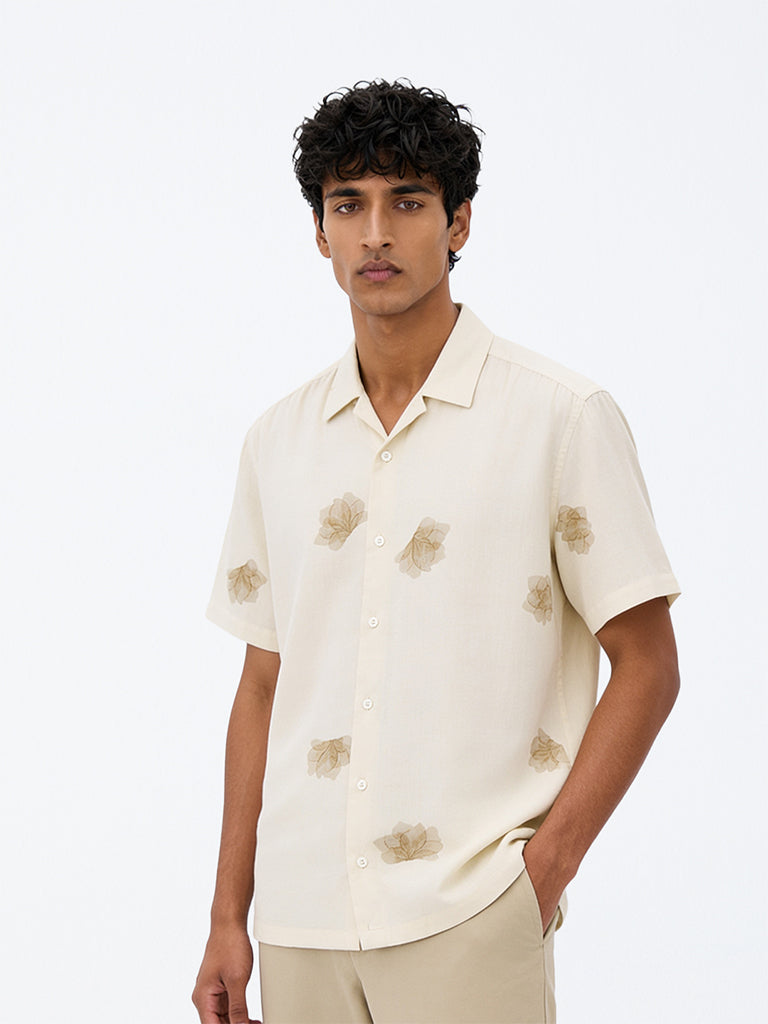 Ascot Beige Floral Printed Relaxed-Fit Linen-Blend Shirt