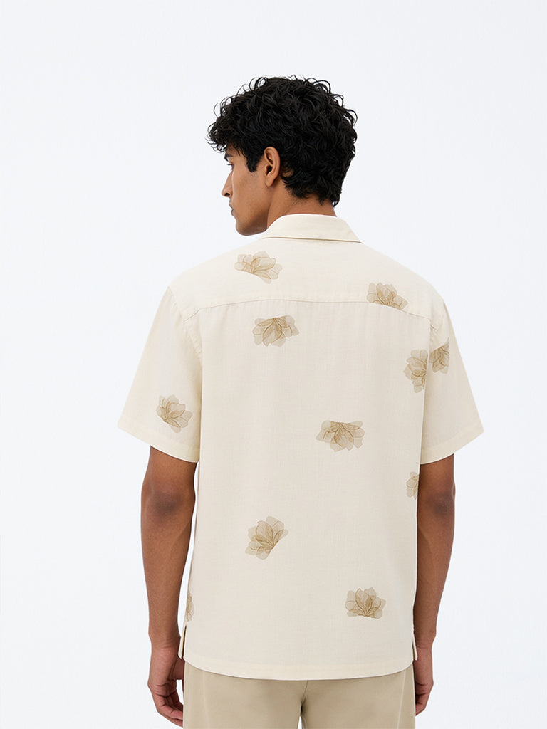 Ascot Beige Floral Printed Relaxed-Fit Linen-Blend Shirt