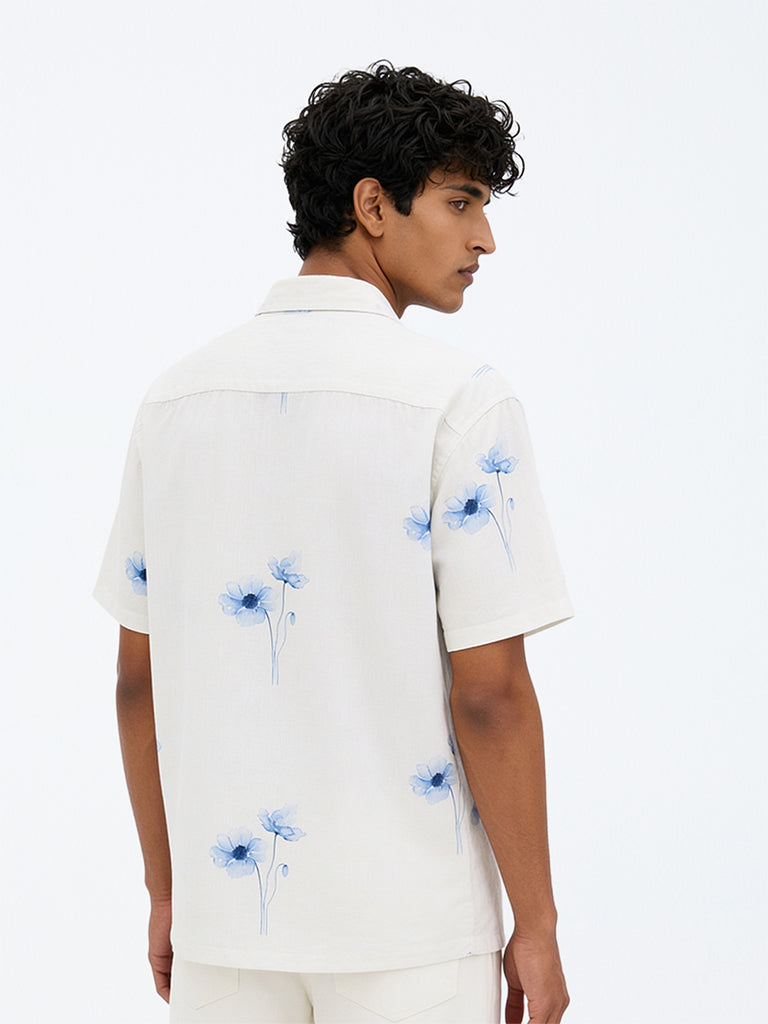 Ascot Off-White Floral Printed Relaxed-Fit Linen-Blend Shirt
