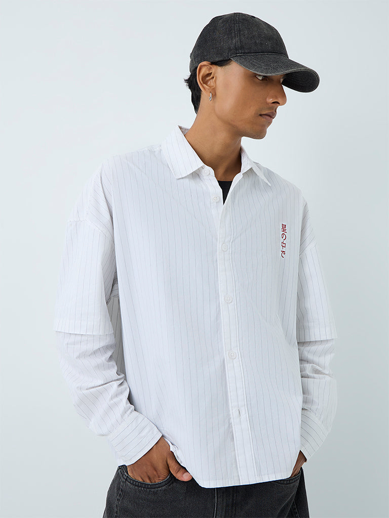 Nuon Off-White Stripe Printed Boxy-Fit Cotton Shirt