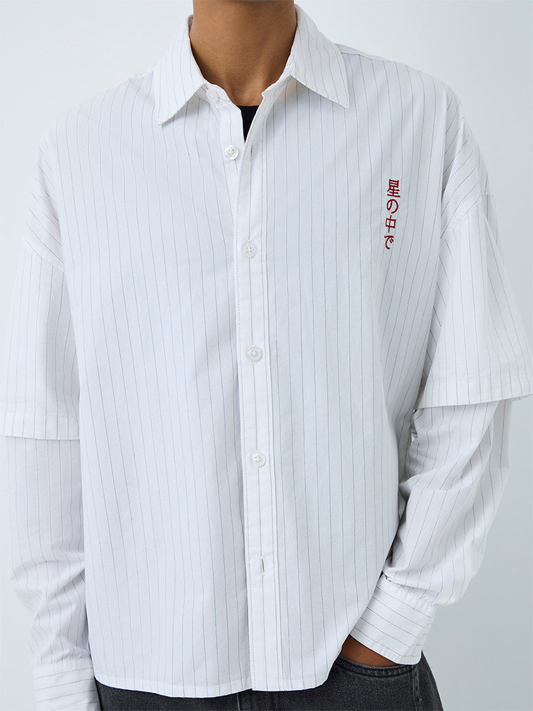 Nuon Off-White Stripe Printed Boxy-Fit Cotton Shirt