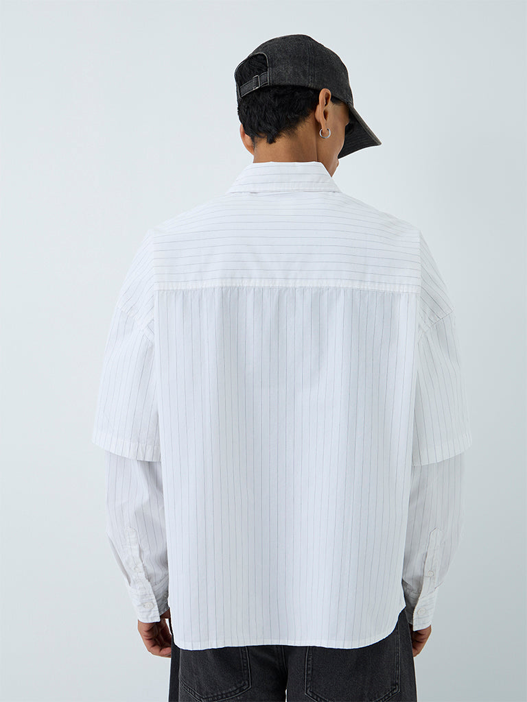 Nuon Off-White Stripe Printed Boxy-Fit Cotton Shirt