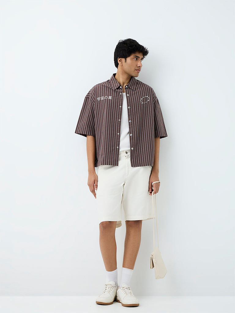 Nuon Brown Striped Boxy-Fit Cotton Shirt
