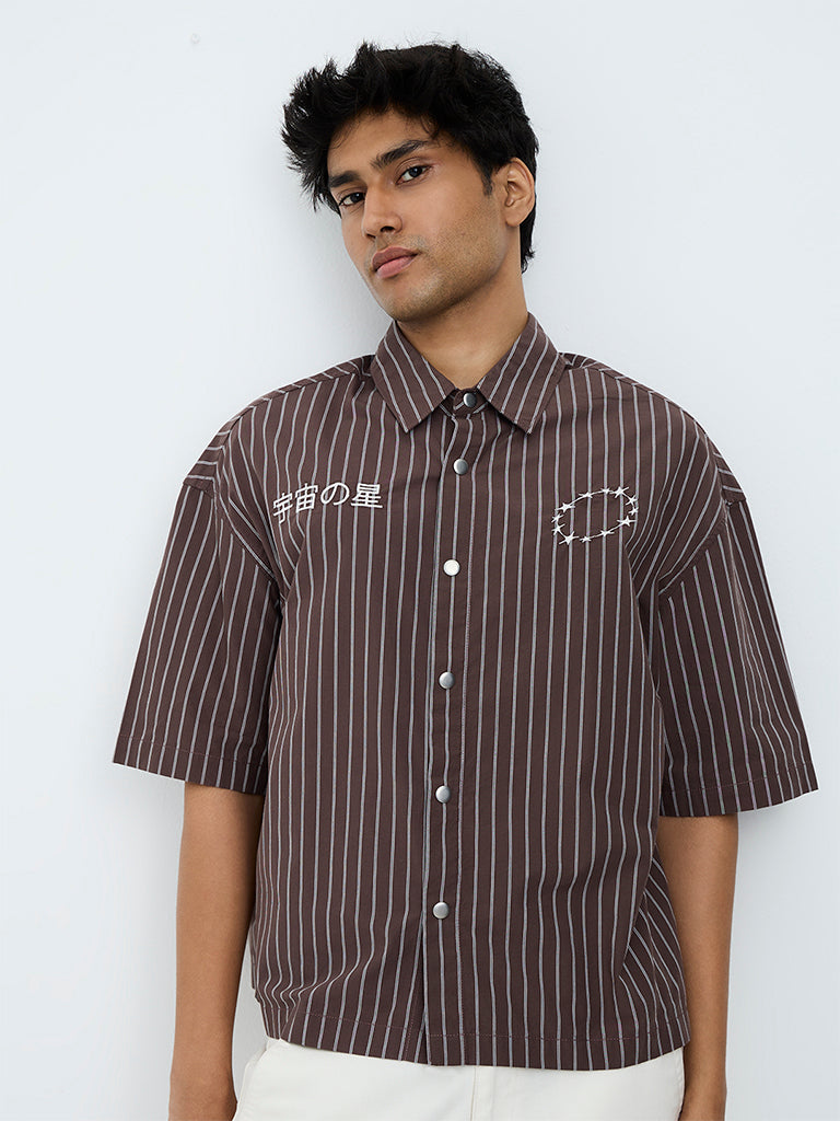 Nuon Brown Striped Boxy-Fit Cotton Shirt