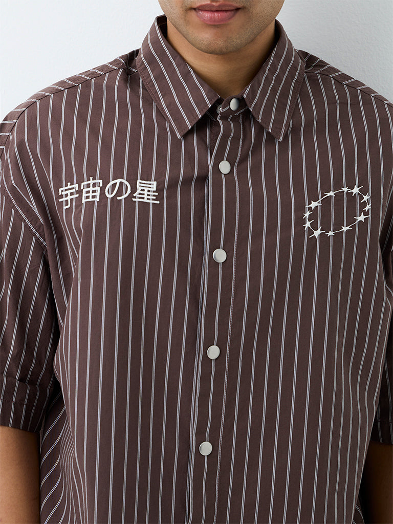 Nuon Brown Striped Boxy-Fit Cotton Shirt