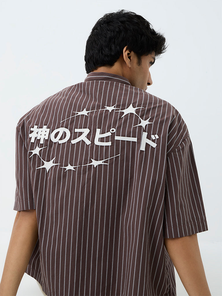 Nuon Brown Striped Boxy-Fit Cotton Shirt