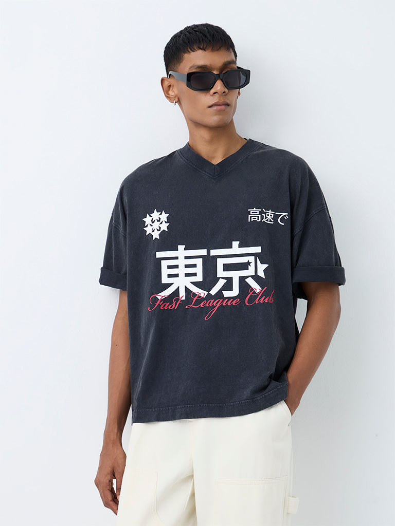 Nuon Black Japanese-Inspired Oversized Cotton T-Shirt