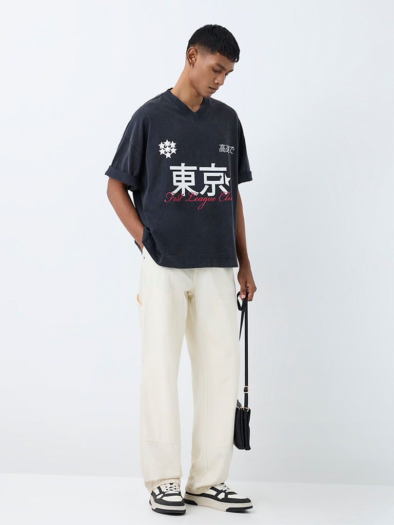 Nuon Black Japanese-Inspired Oversized Cotton T-Shirt