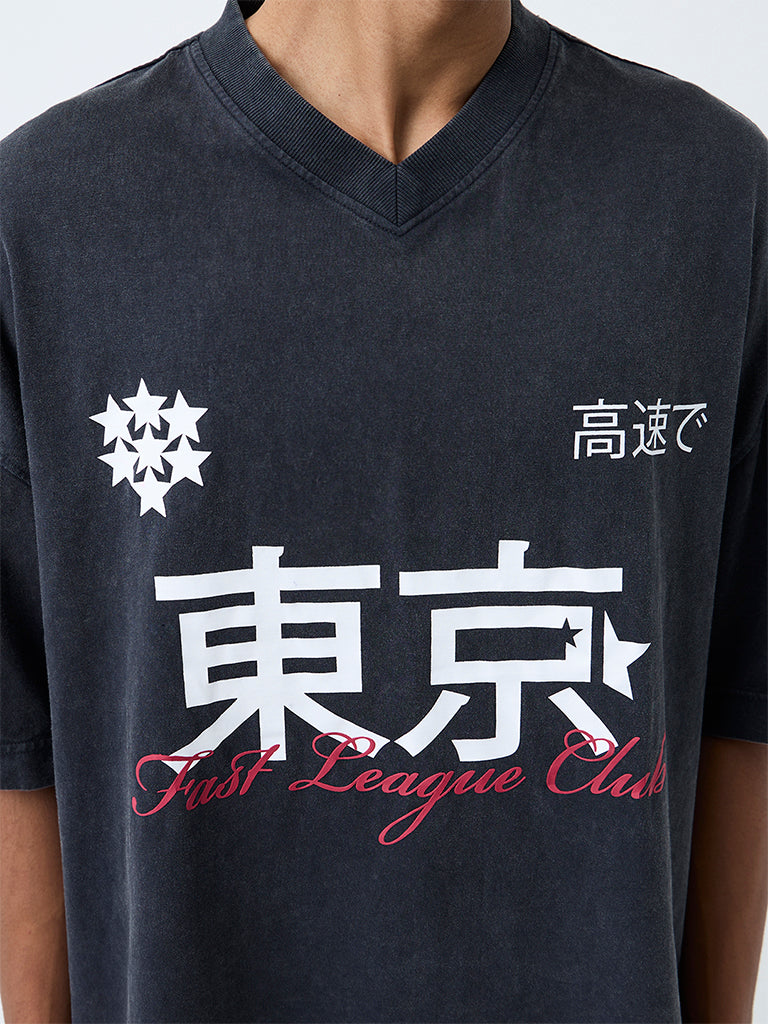Nuon Black Japanese-Inspired Oversized Cotton T-Shirt