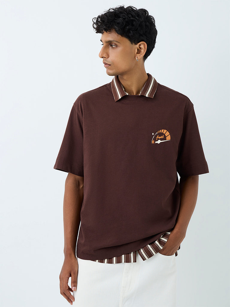 Nuon Brown Numerical Printed Relaxed-Fit Cotton T-Shirt