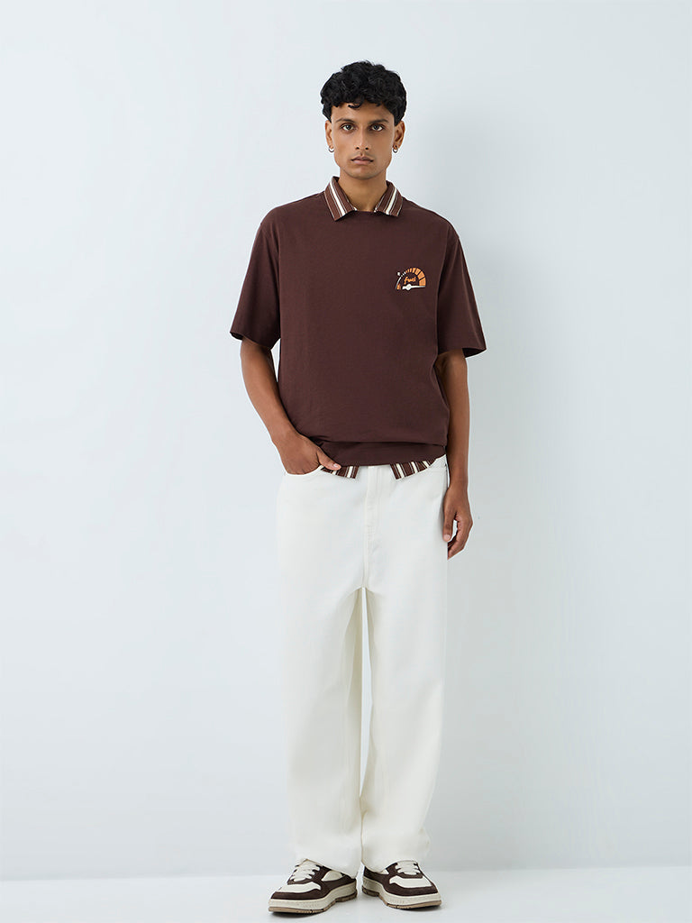 Nuon Brown Numerical Printed Relaxed-Fit Cotton T-Shirt
