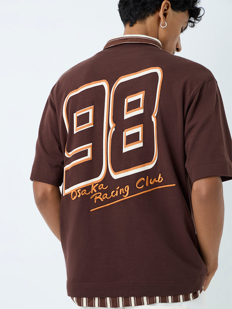 Nuon Brown Numerical Printed Relaxed-Fit Cotton T-Shirt