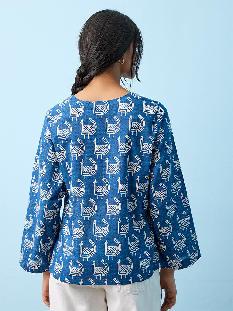 Utsa  Blue Printed Cotton Tunic