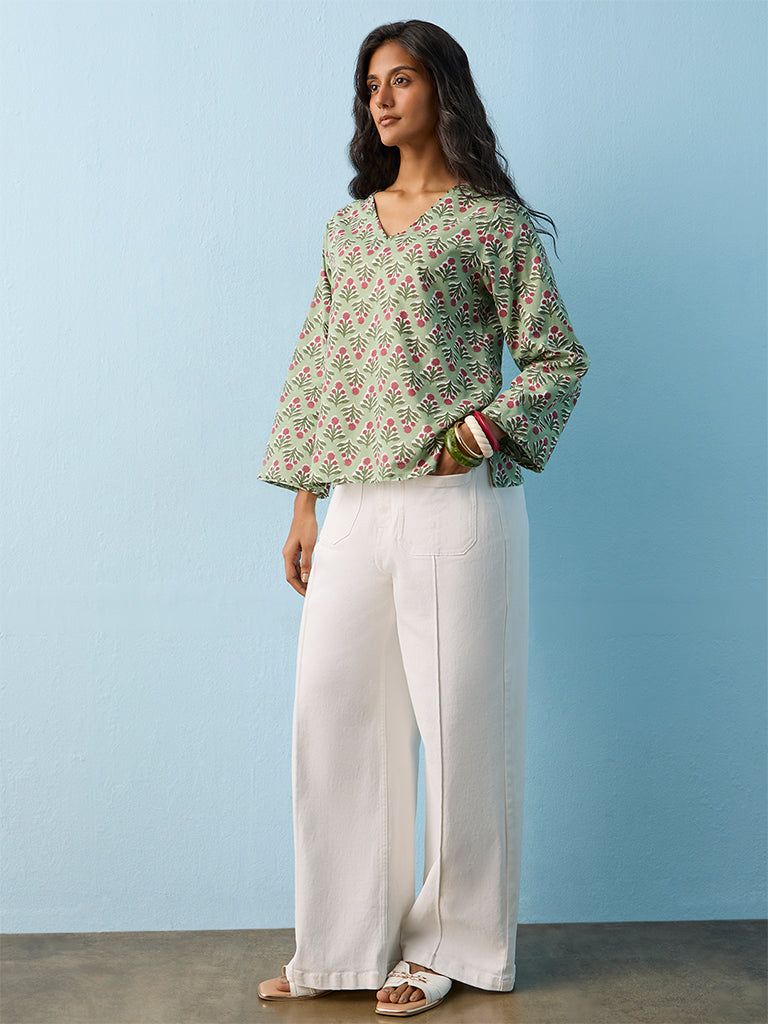 Utsa Sage Green Floral Printed Cotton Tunic